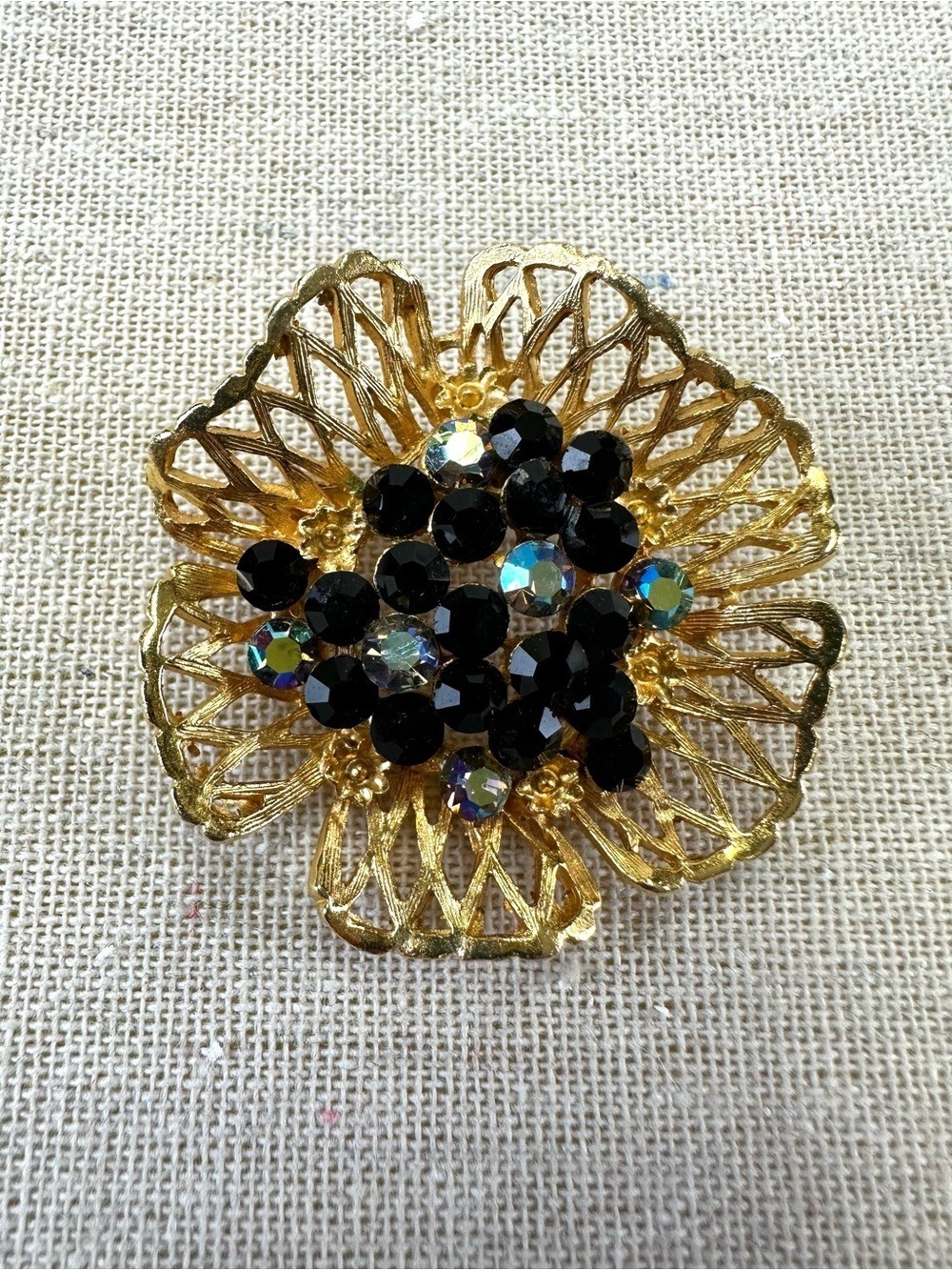 Vintage Coro brooch Vermeil gold black Aurora Borealis crystal pin Accessory